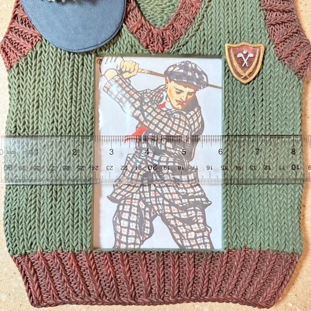 Hand Painted Golf Sweater Vest Picture Frame Green Brown Vintage Style Gift